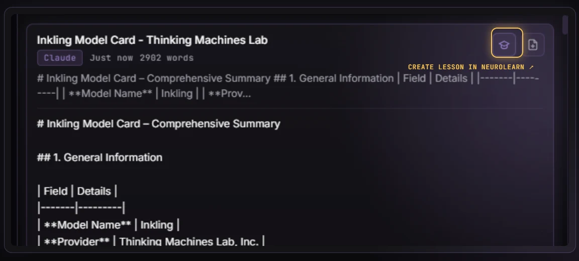 A NeuroBrowse summary card with the Create Lesson in NeuroLearn button highlighted by a yellow ring