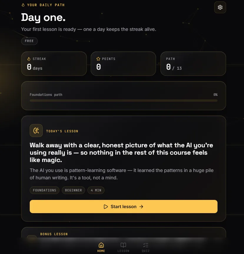 NeuroLearn dashboard showing daily streak, points, and Foundations path progress