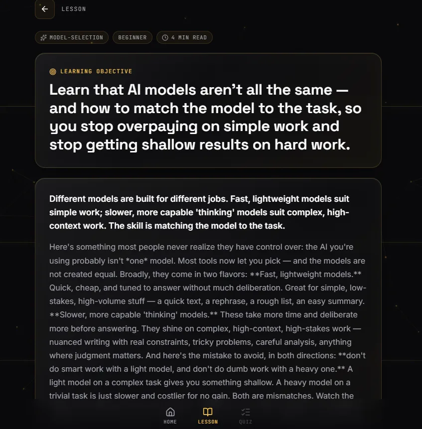 Inside a NeuroLearn lesson — the learning objective followed by the lesson content