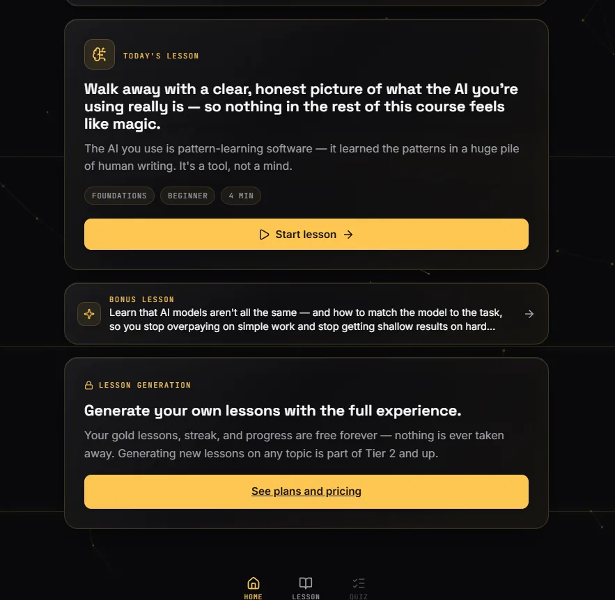 NeuroLearn home screen with today's lesson card, a bonus lesson, and the lesson generation panel